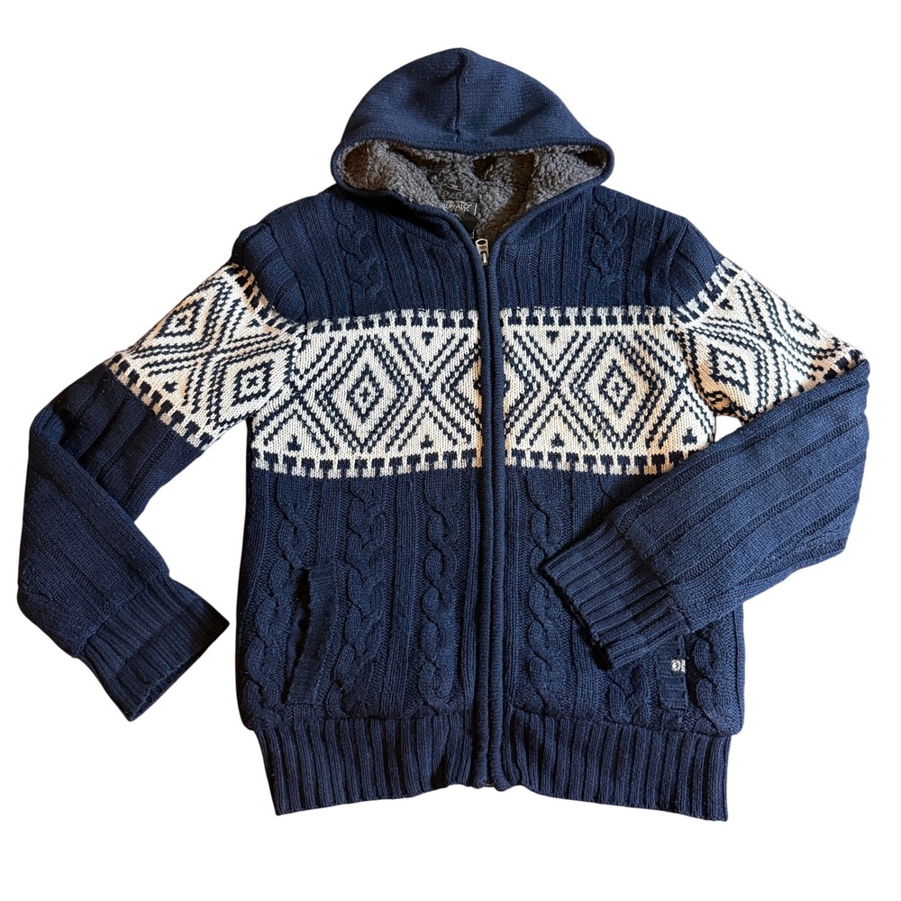 Buffalo David Bitton Mens XL Navy Blue Fair Isle Sherpa Lined Full Zip Hoodie